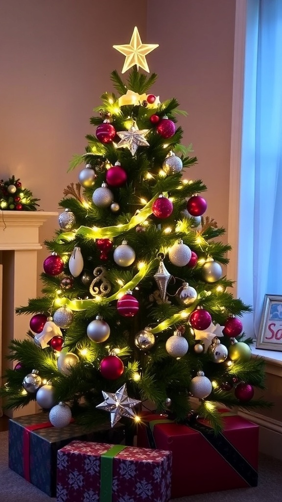 A small Christmas tree decorated with colorful ornaments and lights in a cozy living room.